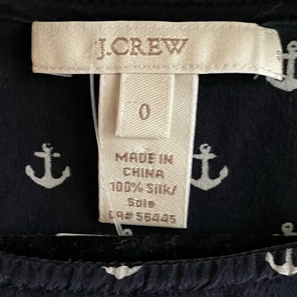 J. CREW Silk Popover Blouse Shirt With Anchor Nautical Print Navy Blue White 0